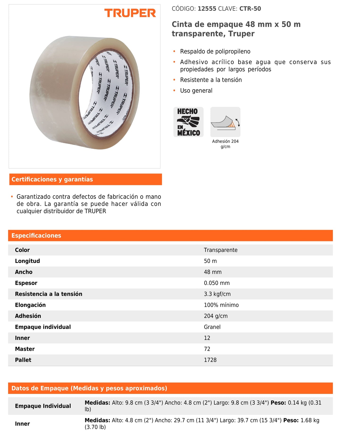 Cinta de Empaque 48 mm x 50 m Transparente