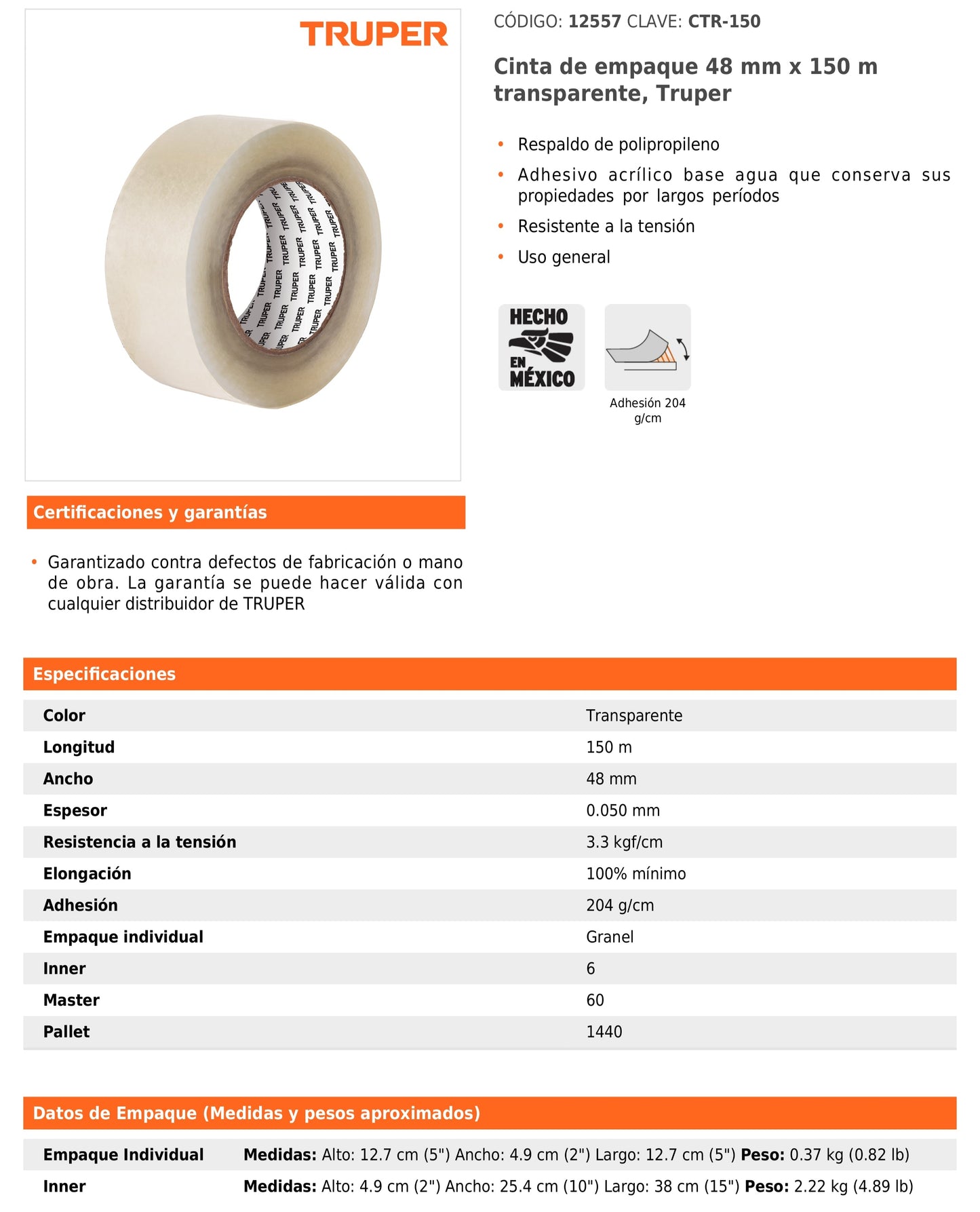 Cinta de Empaque 48 mm x 150 m Transparente