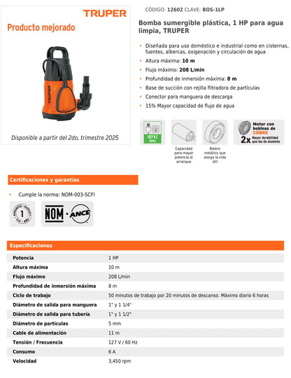 Bomba sumergible plástica de 1 HP para agua limpia con flujo de 208 L/min