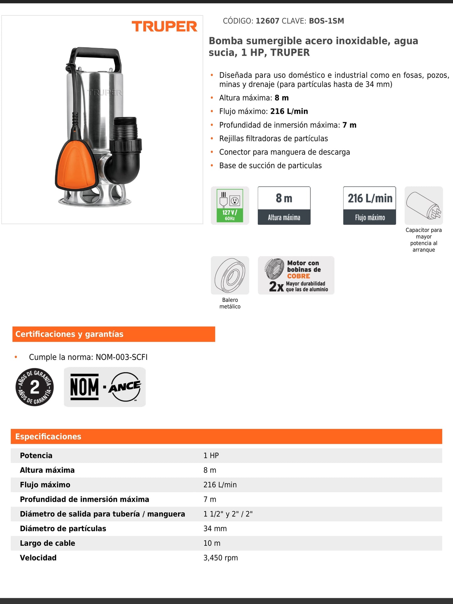 Bomba sumergible de acero inoxidable para agua sucia de 1 HP