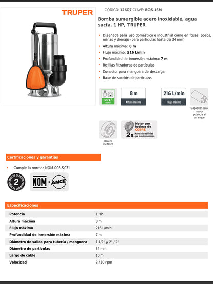 Bomba sumergible de acero inoxidable para agua sucia de 1 HP