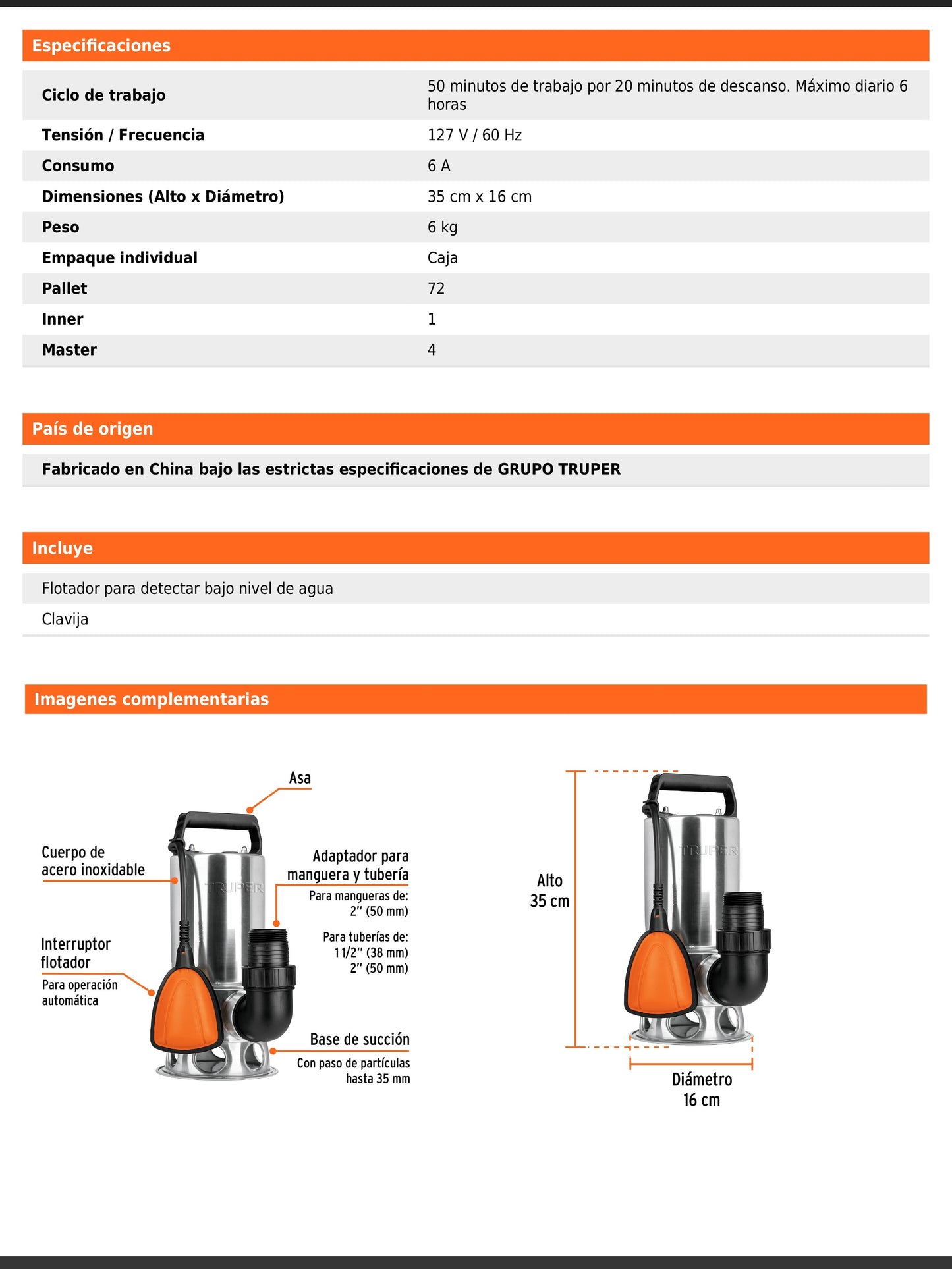 Bomba sumergible de acero inoxidable para agua sucia de 1 HP
