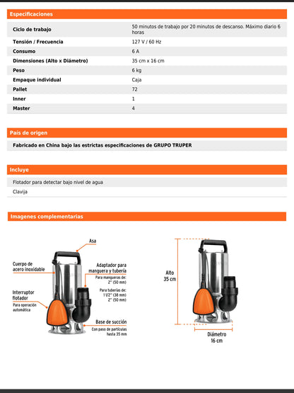 Bomba sumergible de acero inoxidable para agua sucia de 1 HP