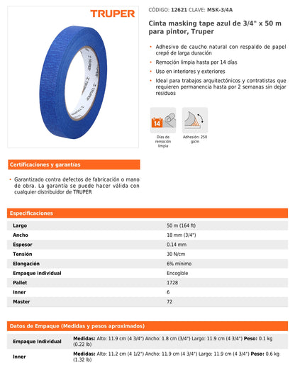Cinta Masking Tape Azul de 3/4" x 50 m para Pintor