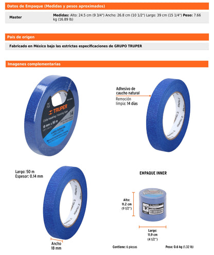 Cinta Masking Tape Azul de 3/4" x 50 m para Pintor