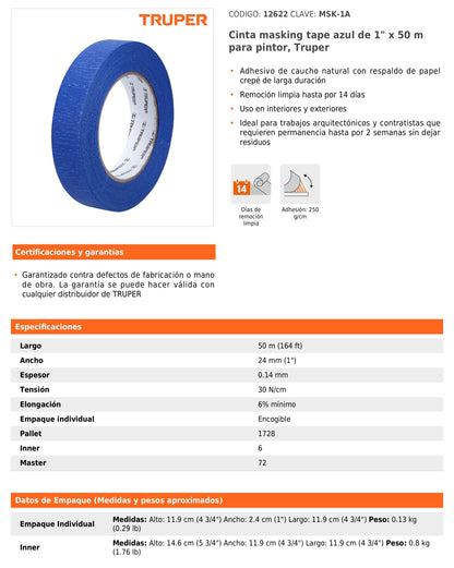 Cinta Masking Tape Azul de 1" x 50 m para Pintor