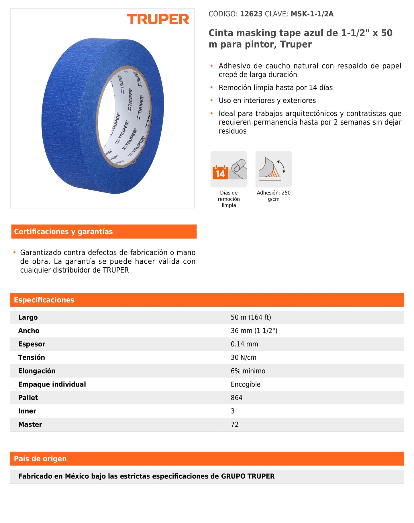 Cinta Masking Tape Azul de 1-1/2" x 50m para Pintor