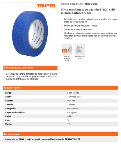 Cinta Masking Tape Azul de 1-1/2" x 50m para Pintor