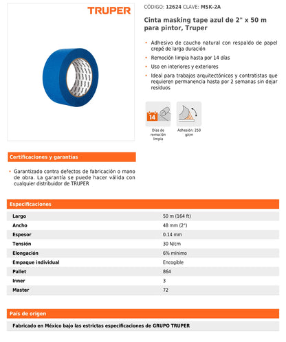 Cinta Masking Tape Azul de 2" x 50 m para Pintor