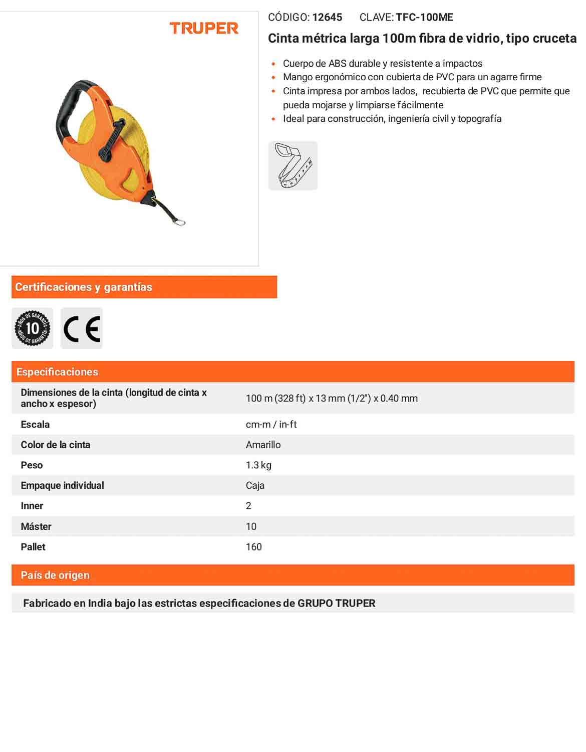 Cinta metrica de fibra de vidrio 100 m