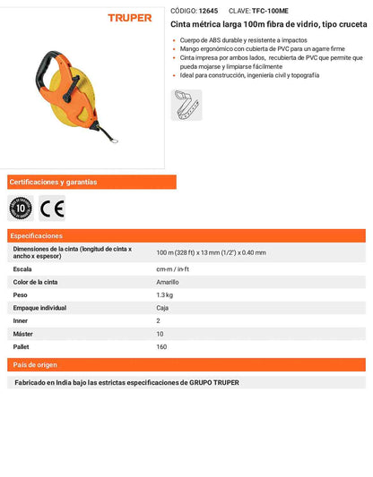 Cinta metrica de fibra de vidrio 100 m