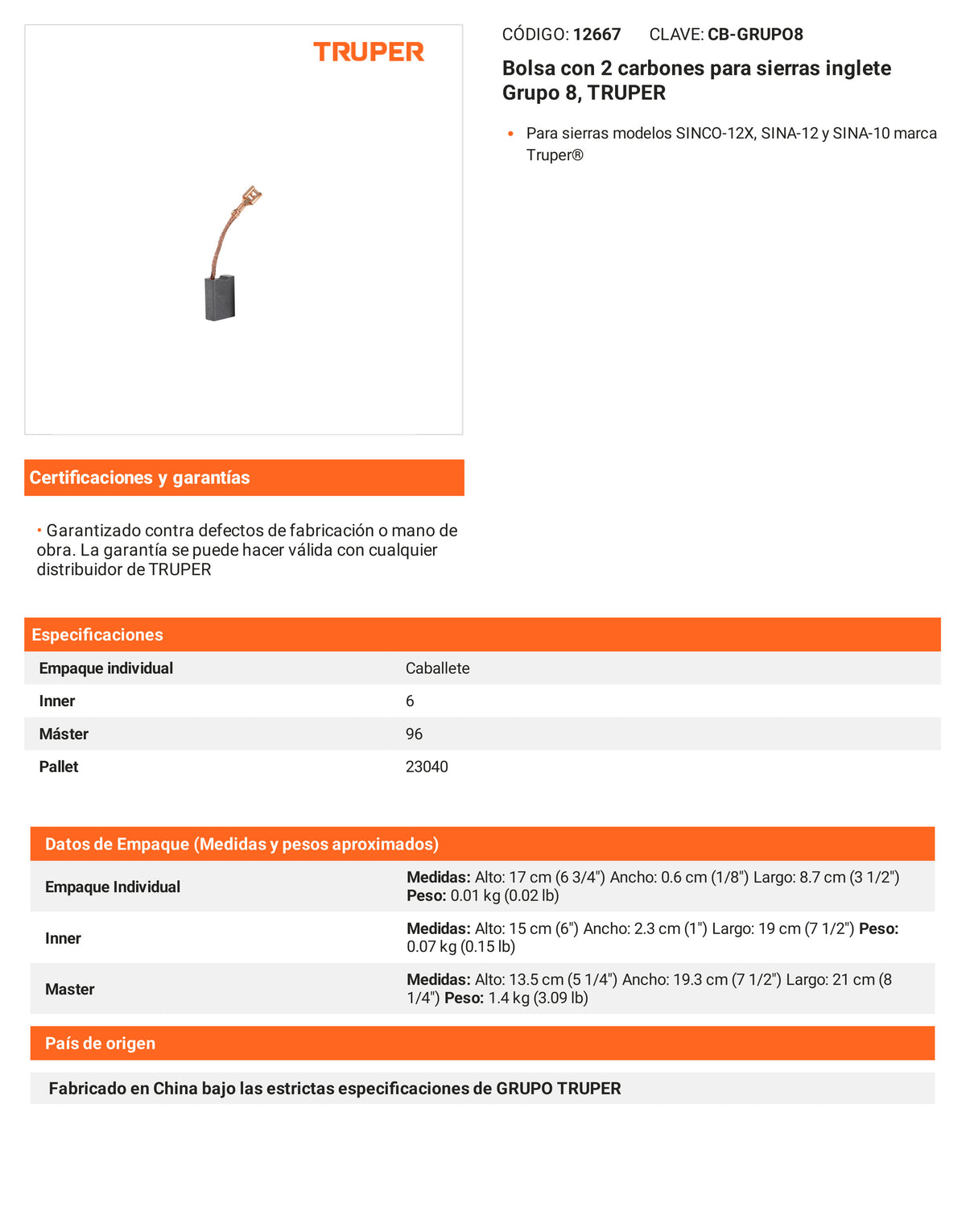 Ficha tecnica - 2 carbones para sierras inglete Grupo - SKU 12667