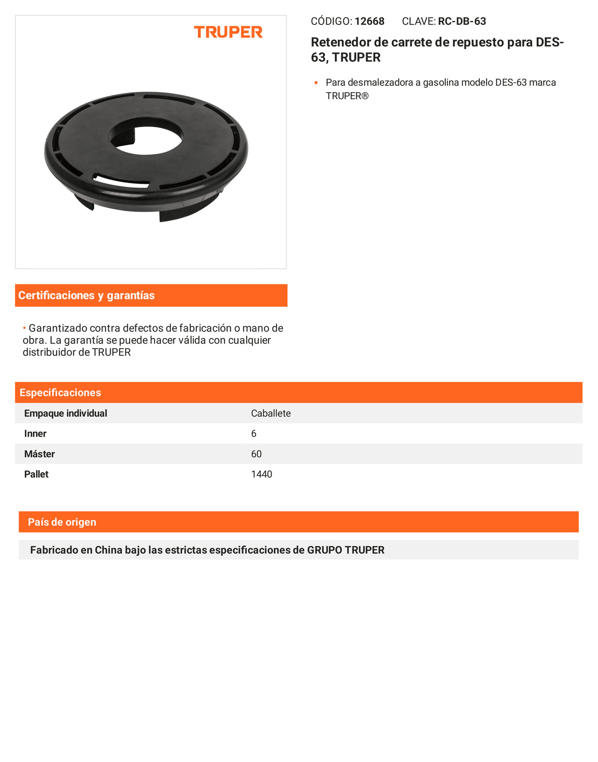 Ficha tecnica - Retenedor de carrete para DES-63 - SKU 12668