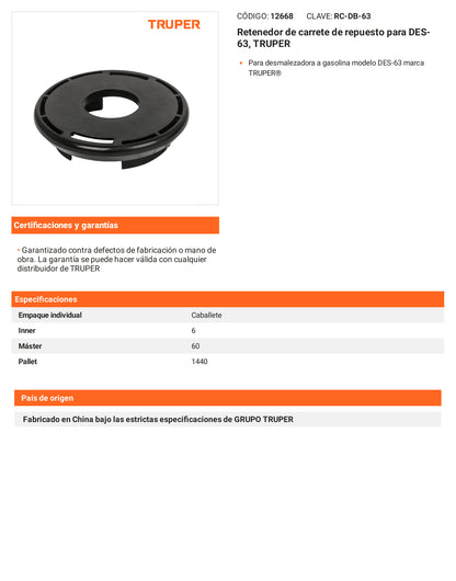 Ficha tecnica - Retenedor de carrete para DES-63 - SKU 12668
