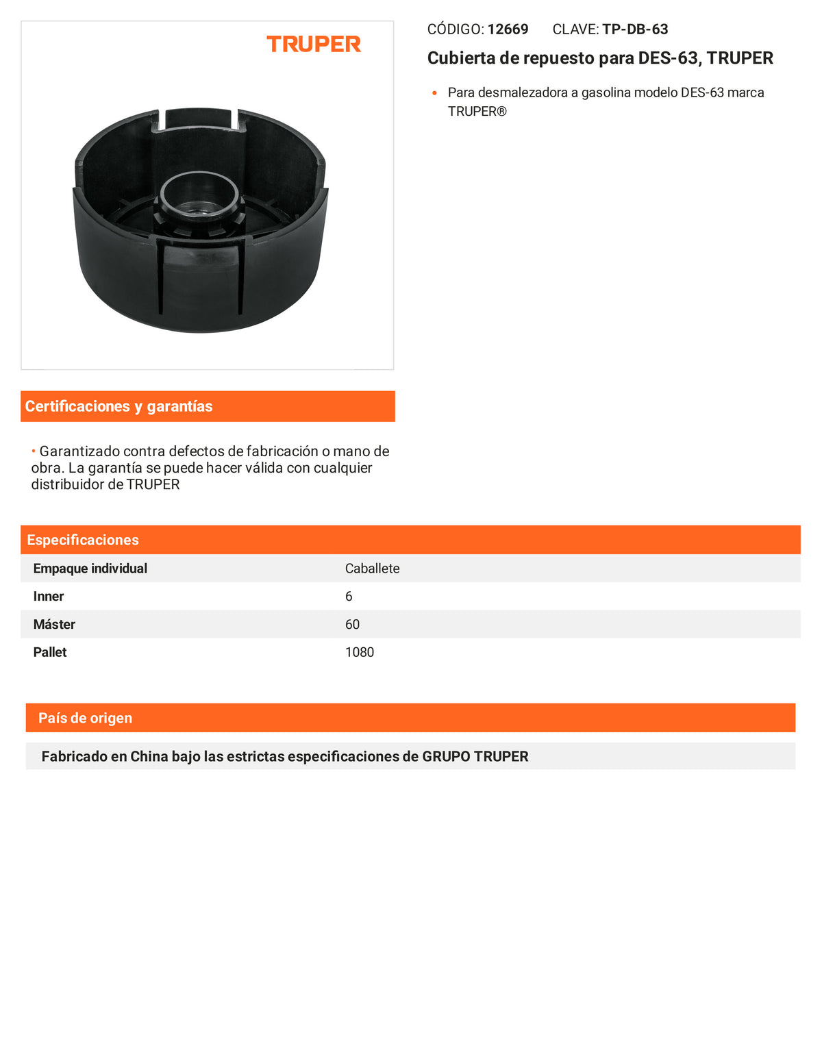 Ficha tecnica - Cubierta para DES-63 - SKU 12669