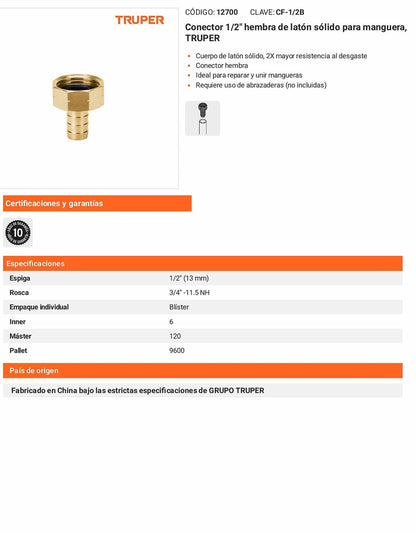 Conector 1/2pulg. hembra de latón sólido para