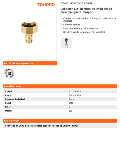 Conector hembra de latón sólido para manguera de 1/2"