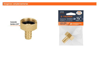 Conector hembra de latón sólido para manguera de 1/2"