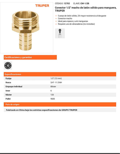 Conector 1/2pulg. macho de latón sólido para manguera