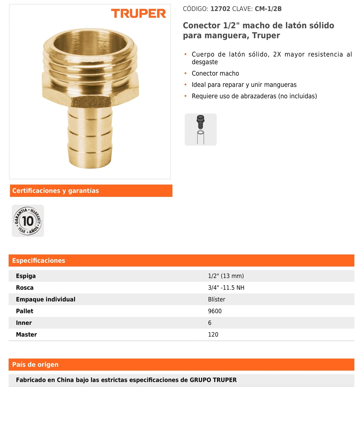 Conector macho de latón sólido para manguera de 1/2"