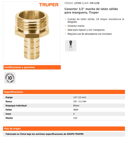 Conector macho de latón sólido para manguera de 1/2"