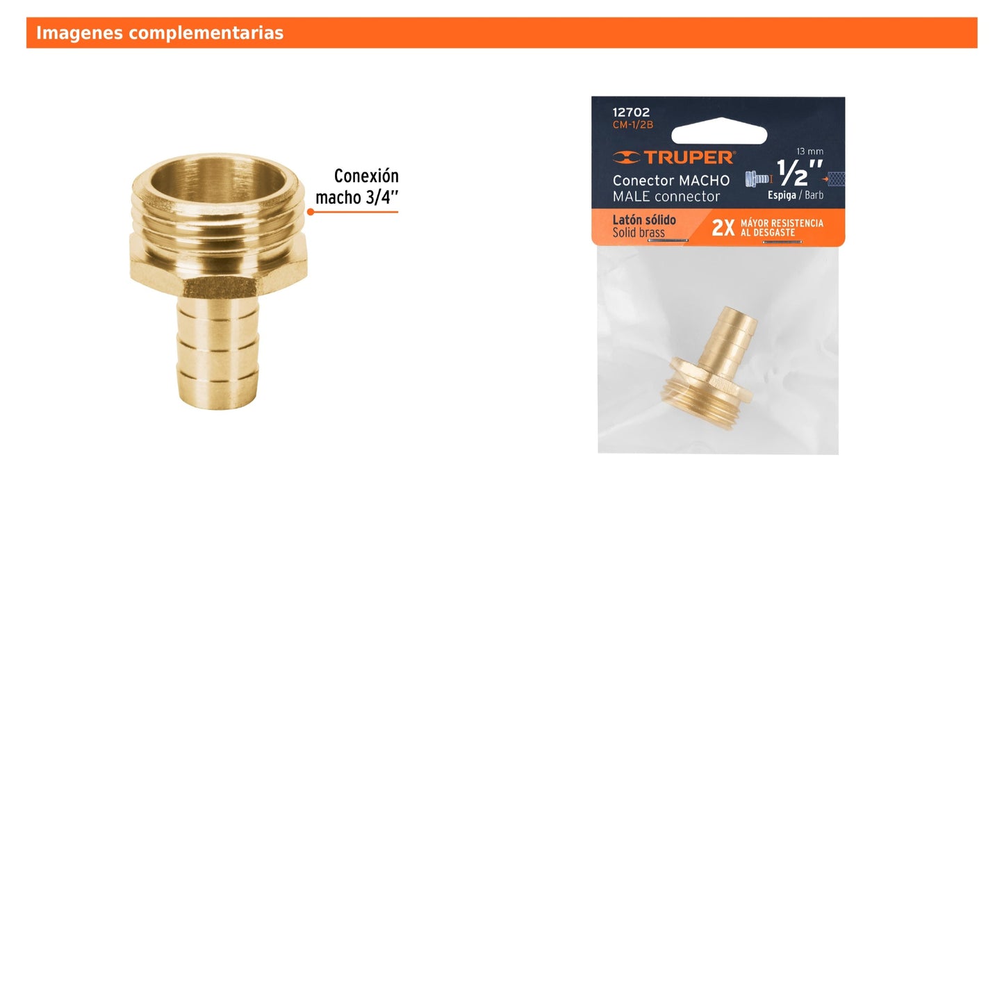 Conector macho de latón sólido para manguera de 1/2"