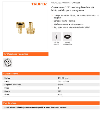 Conectores macho y hembra de latón sólido para manguera de 1/2"