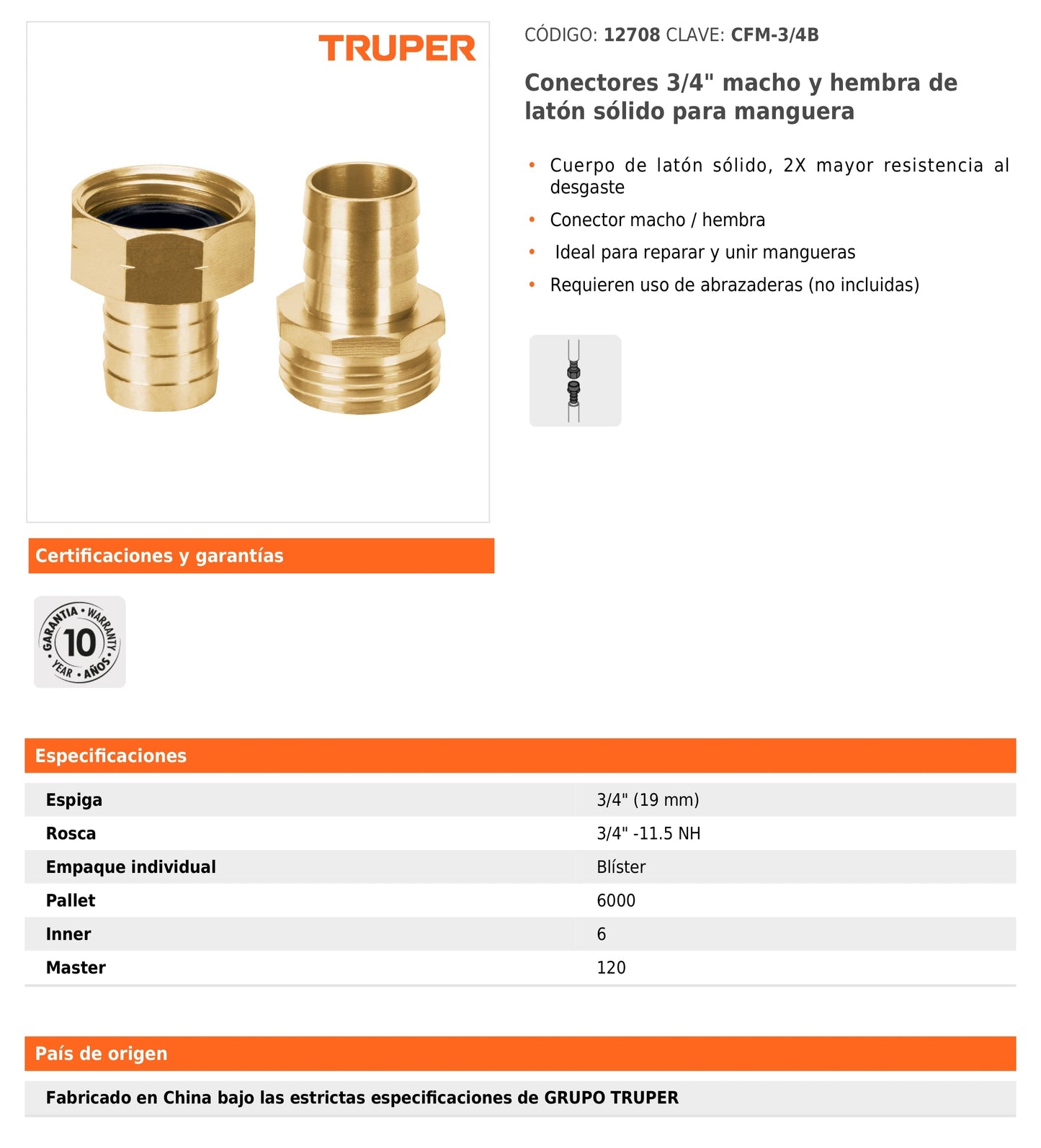 Conectores macho y hembra de latón sólido para manguera de 3/4"