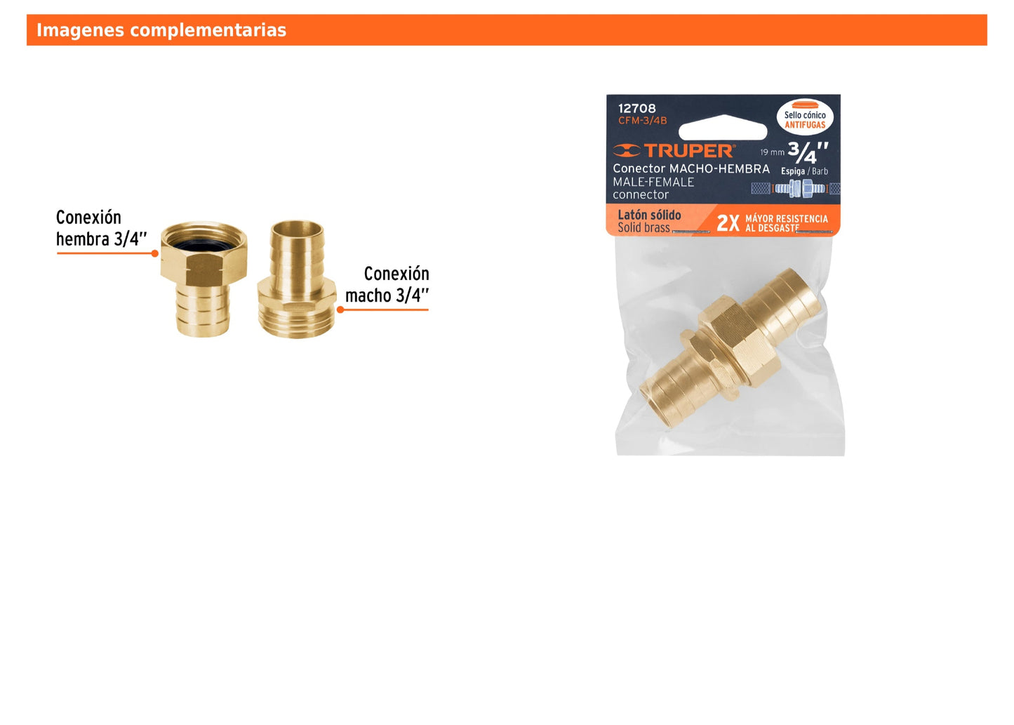 Conectores macho y hembra de latón sólido para manguera de 3/4"