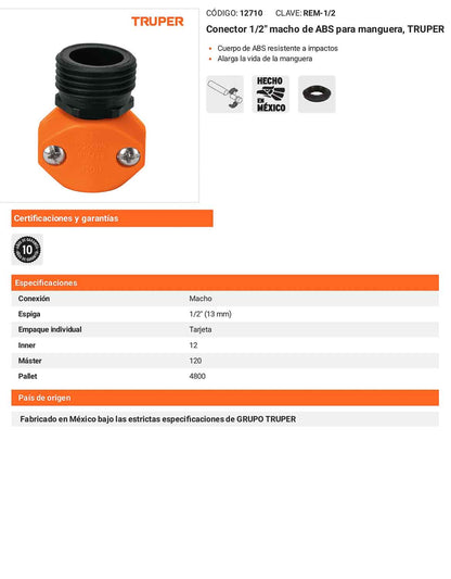 Conector 1/2pulg. macho de ABS para manguera