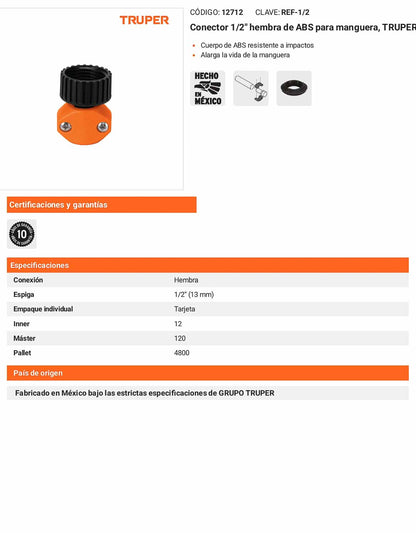 Conector 1/2pulg. hembra de ABS para manguera