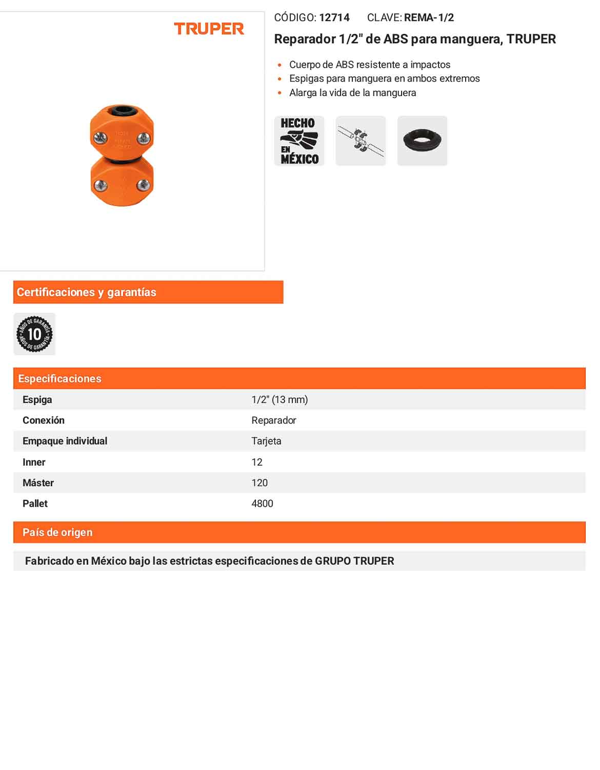 Reparador 1/2pulg. de ABS para manguera