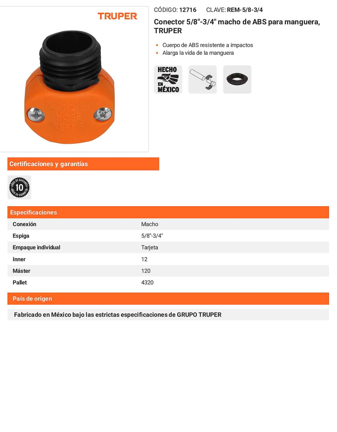 Conector 5/8pulg y 3/4pulg macho de ABS para manguera