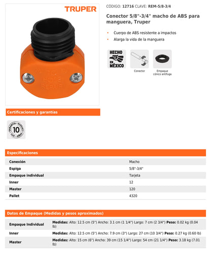 Conector macho de ABS para manguera de 5/8"-3/4"