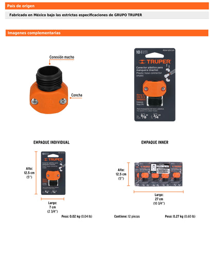 Conector macho de ABS para manguera de 5/8"-3/4"
