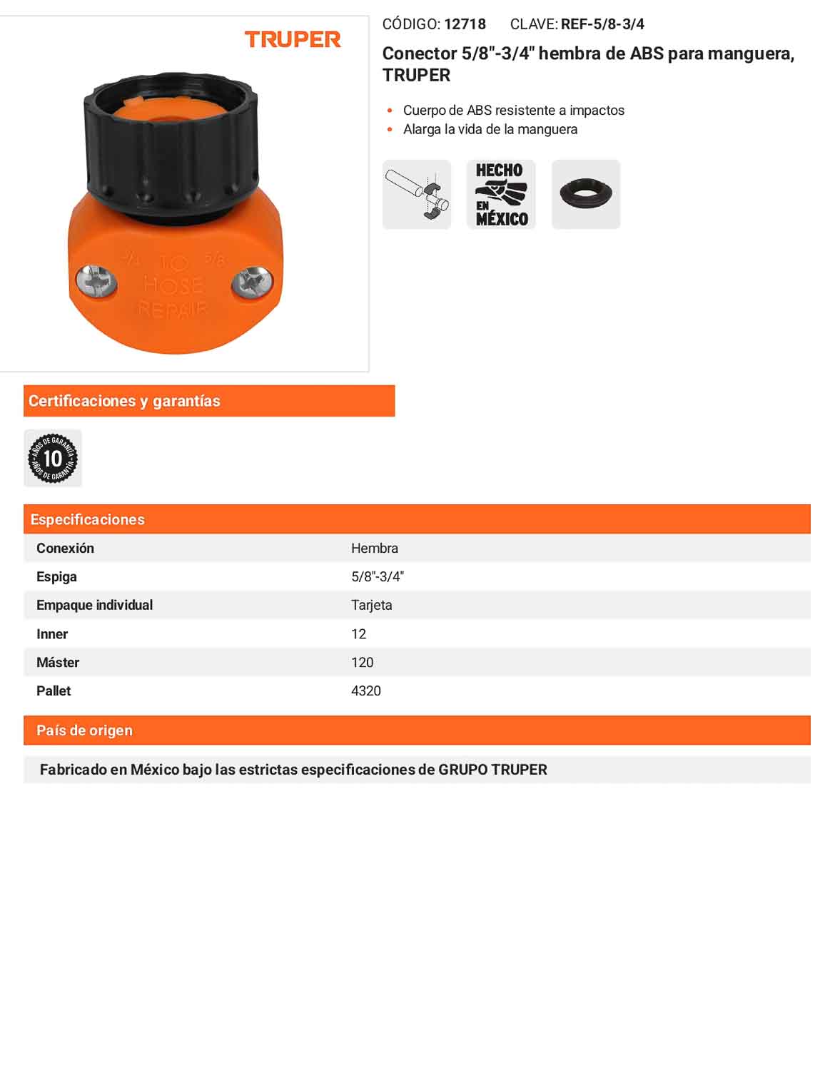 Conector 5/8pulg.-3/4pulg. hembra de ABS para manguera