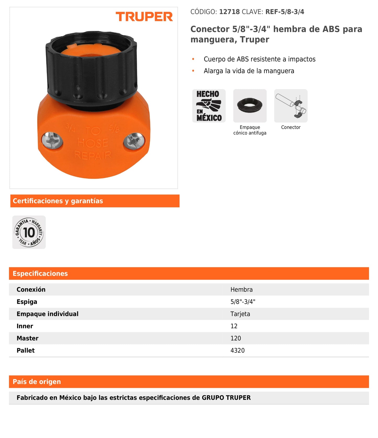 Conector hembra de 5/8"-3/4" de ABS para manguera