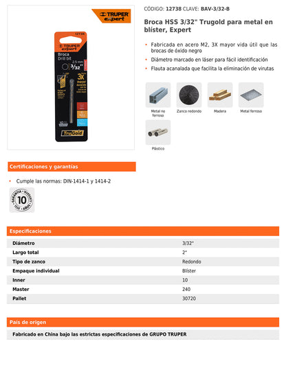 Broca HSS 3/32 pulg Trugold para metal