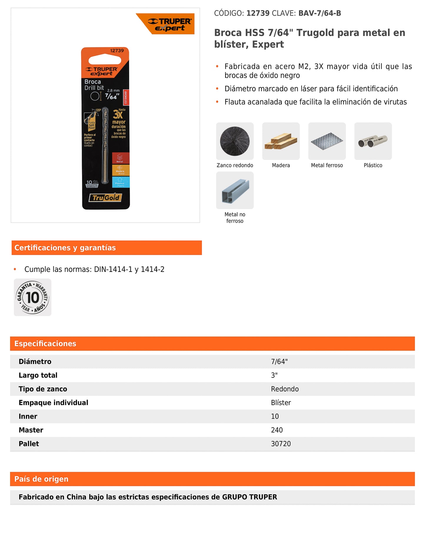 Broca HSS 7/64 pulg Trugold para metal