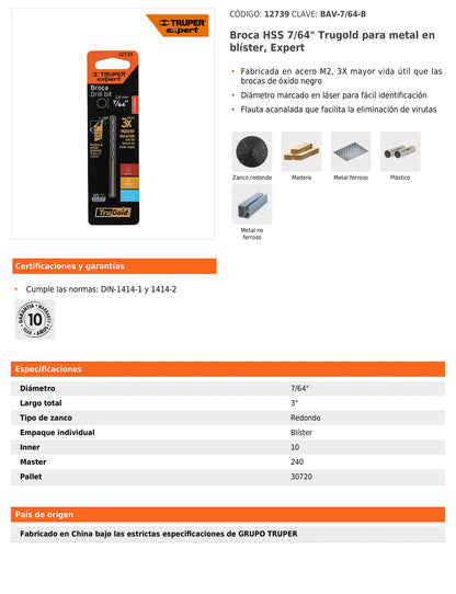 Broca HSS 7/64 pulg Trugold para metal