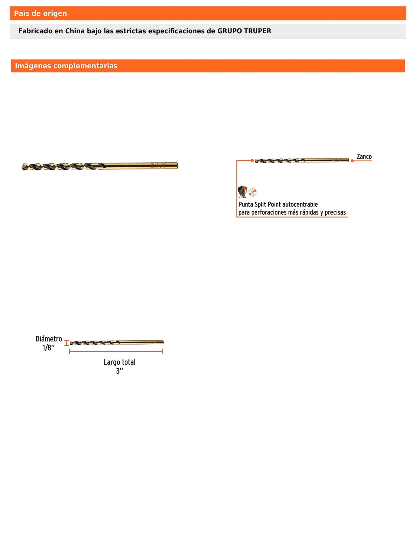 Broca HSS 1/8 pulg Trugold para metal con punta Split Point