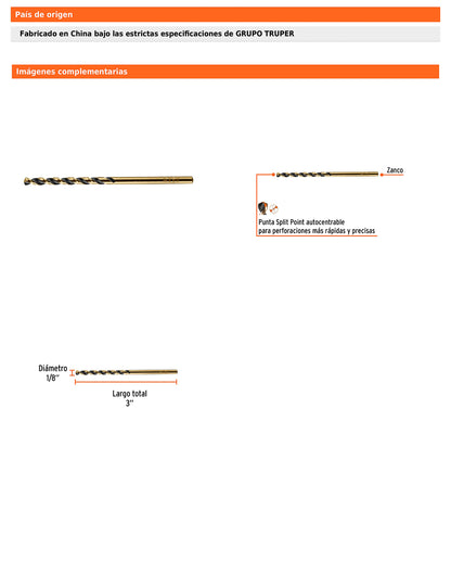 Broca HSS 1/8 pulg Trugold para metal con punta Split Point