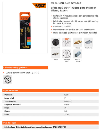 Broca HSS 9/64 pulg Trugold para metal con punta Split Point