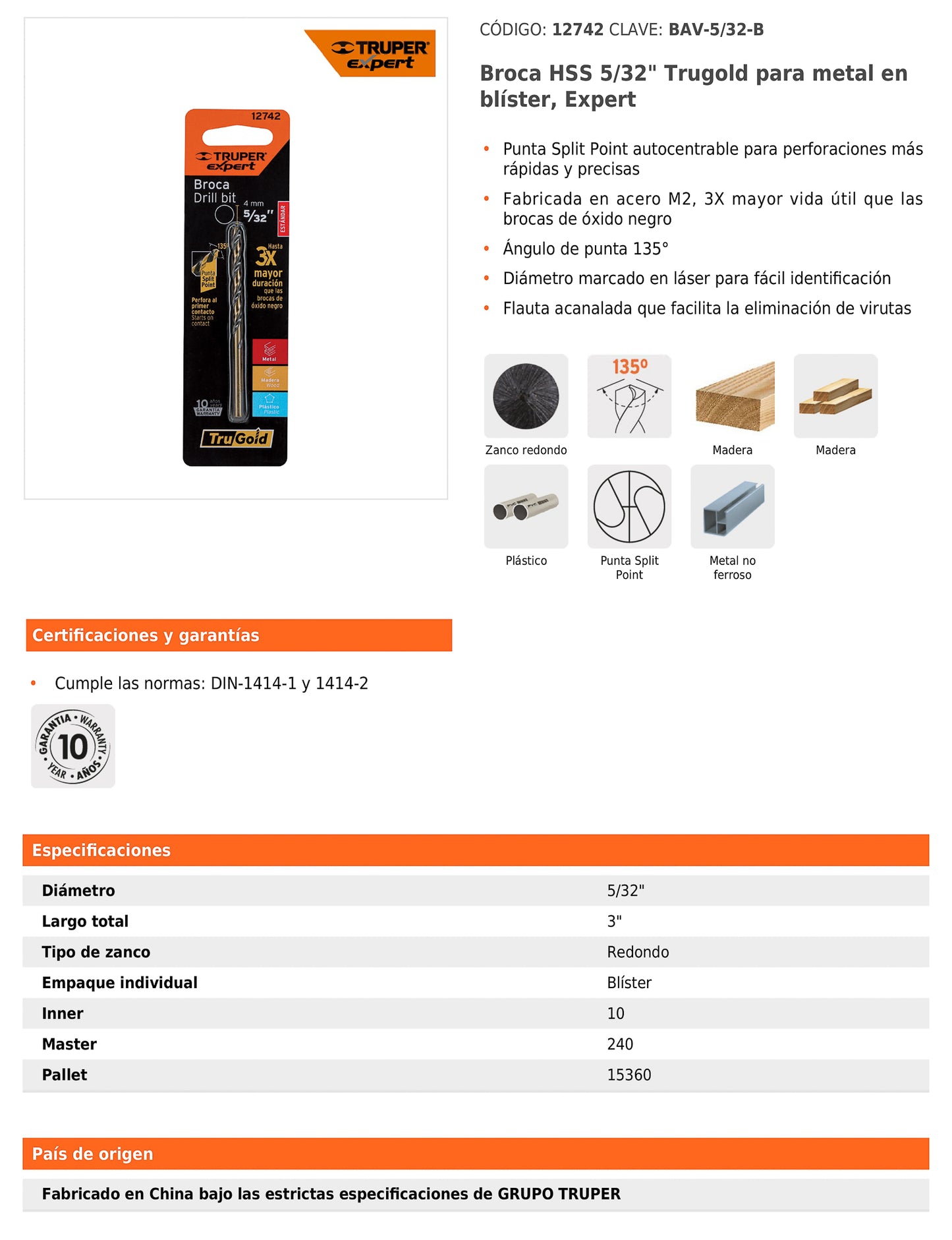 Broca HSS 5/32 pulg Trugold para metal con punta Split Point