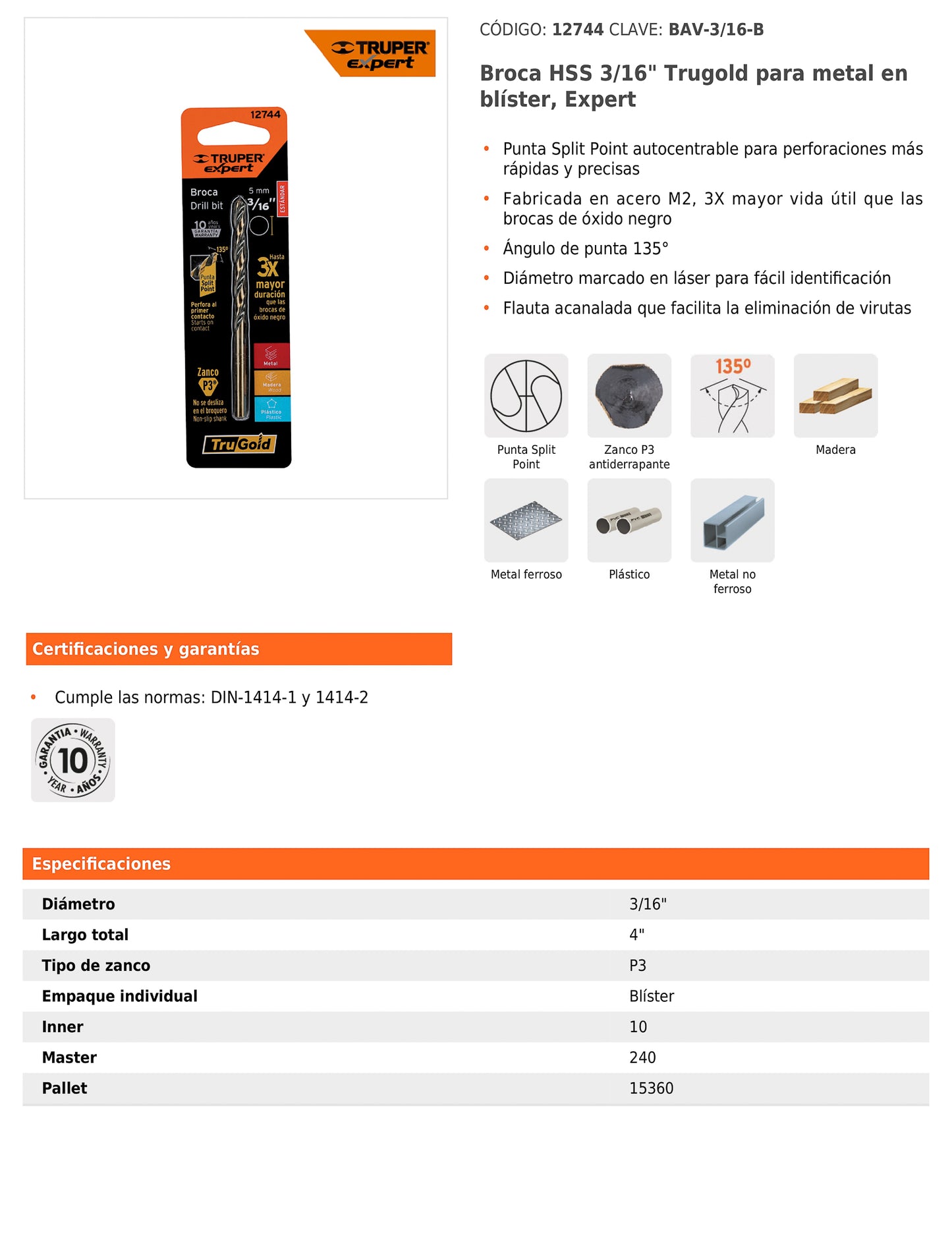 Broca HSS 3/16 pulg Trugold para metal con punta Split Point