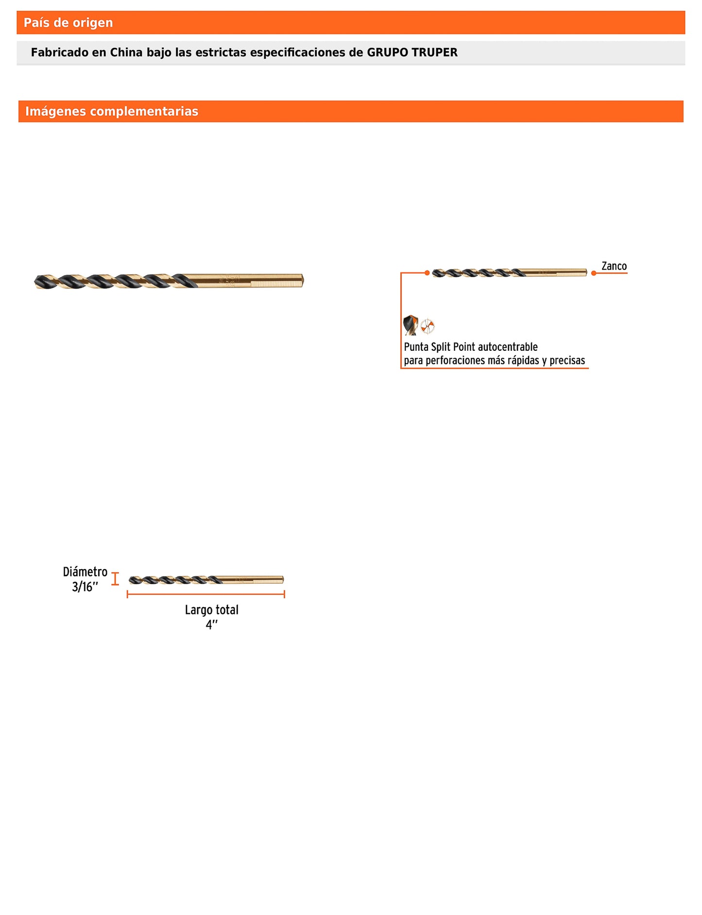 Broca HSS 3/16 pulg Trugold para metal con punta Split Point