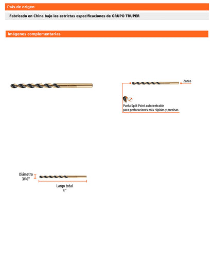 Broca HSS 3/16 pulg Trugold para metal con punta Split Point