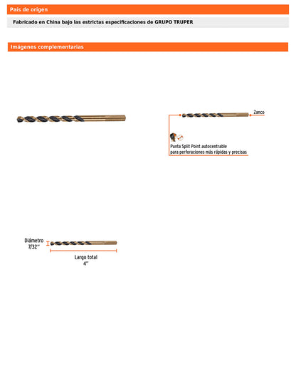 Broca HSS 7/32 pulg Trugold para metal con punta Split Point