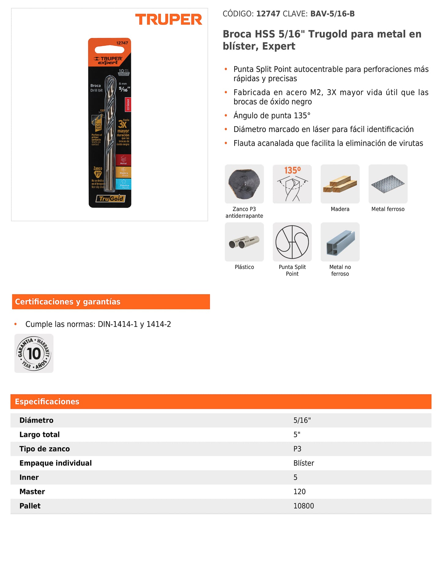 Broca HSS 5/16 pulg Trugold para metal con punta Split Point