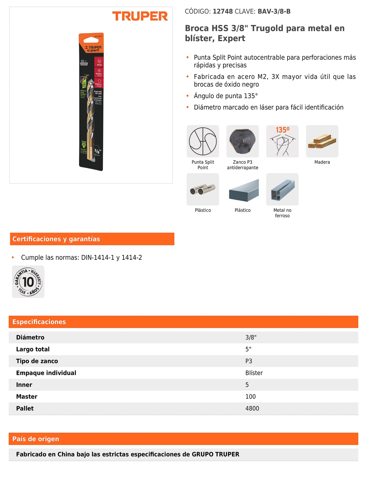 Broca HSS 3/8 pulg Trugold para metal con punta Split Point